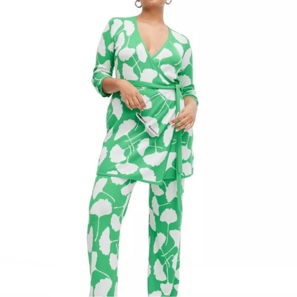 Diane Von Furstenberg DVF Target Green White Gingko Sweater Wrap Tunic Dress XS